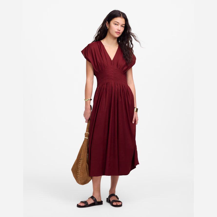 damen madewell plissee v-ausschnitt midi-kleid in burgund