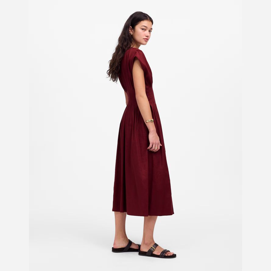 damen madewell plissee v-ausschnitt midi-kleid in burgund