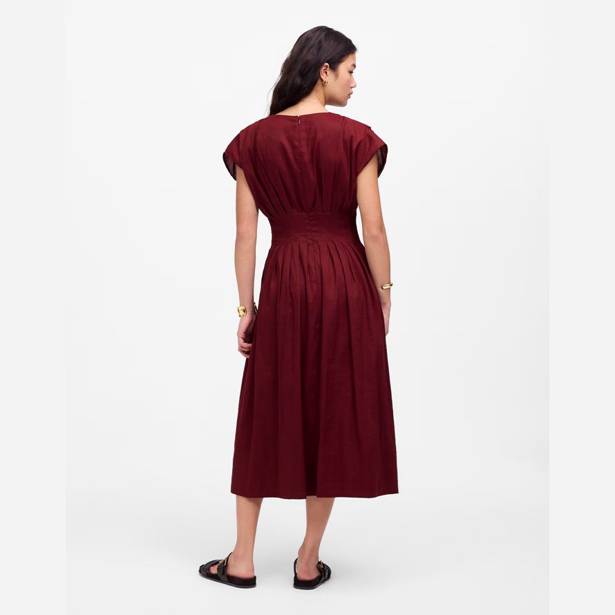 damen madewell plissee v-ausschnitt midi-kleid in burgund