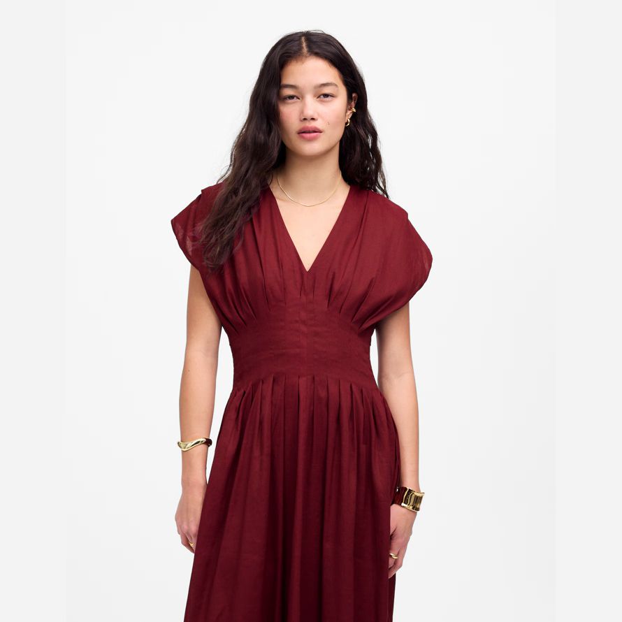 damen madewell plissee v-ausschnitt midi-kleid in burgund