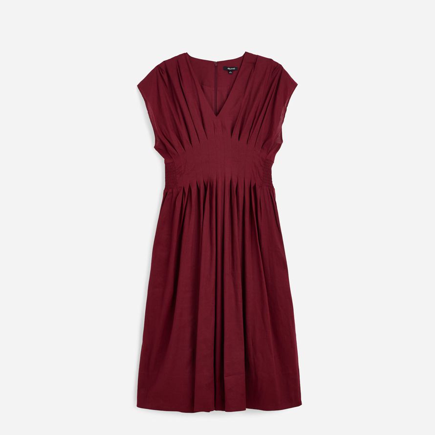 damen madewell plissee v-ausschnitt midi-kleid in burgund