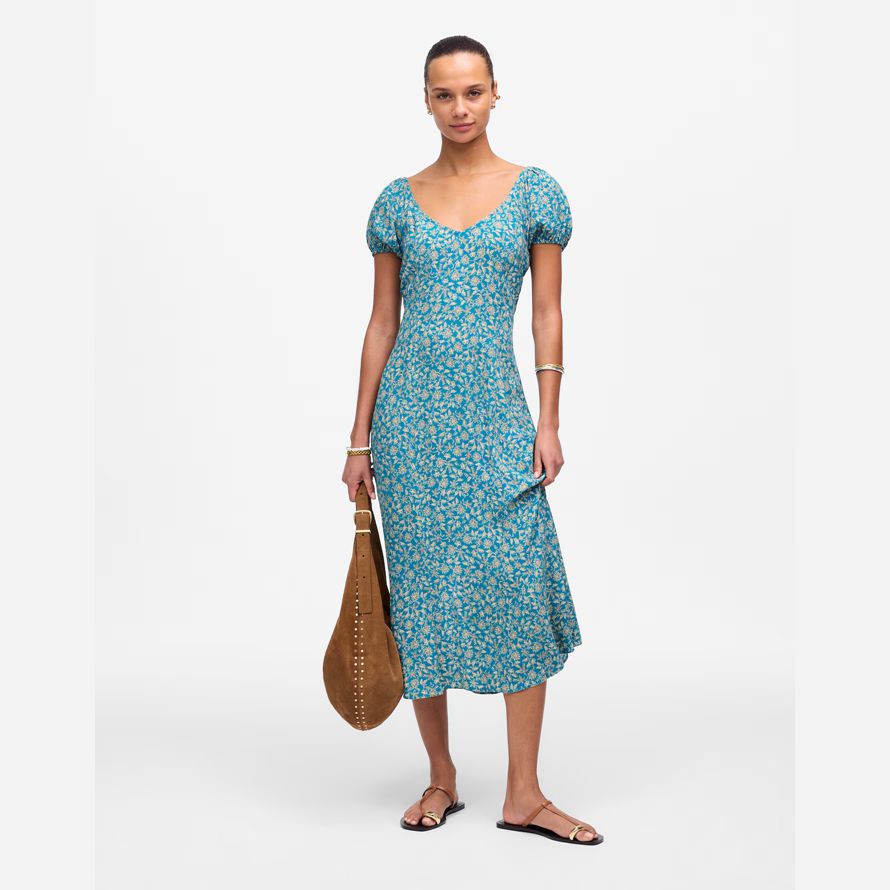 damen madewell cap-Ärmel midi kleid blau creme
