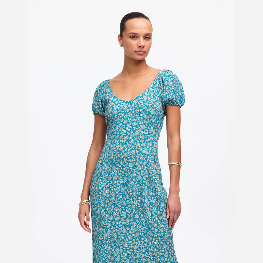 damen madewell cap-Ärmel midi kleid blau creme