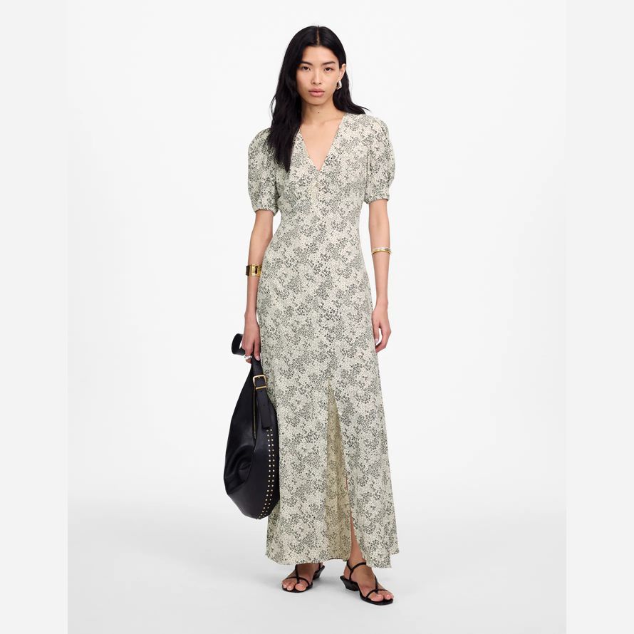 damen madewell puff-sleeve v-neck midi dress-cream black