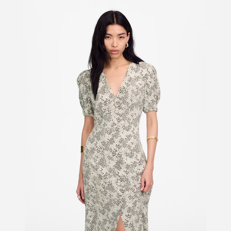 damen madewell puff-sleeve v-neck midi dress-cream black