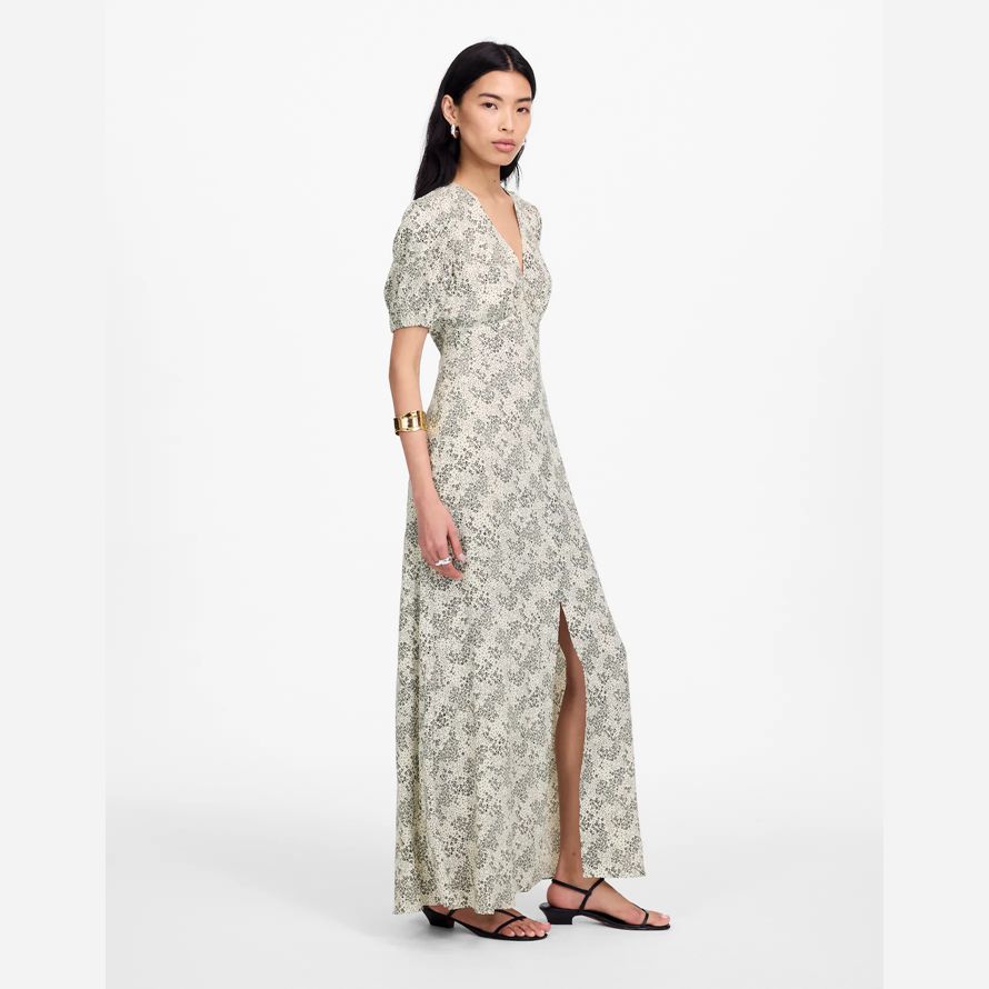 damen madewell puff-sleeve v-neck midi dress-cream black