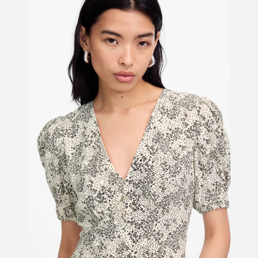 damen madewell puff-sleeve v-neck midi dress-cream black