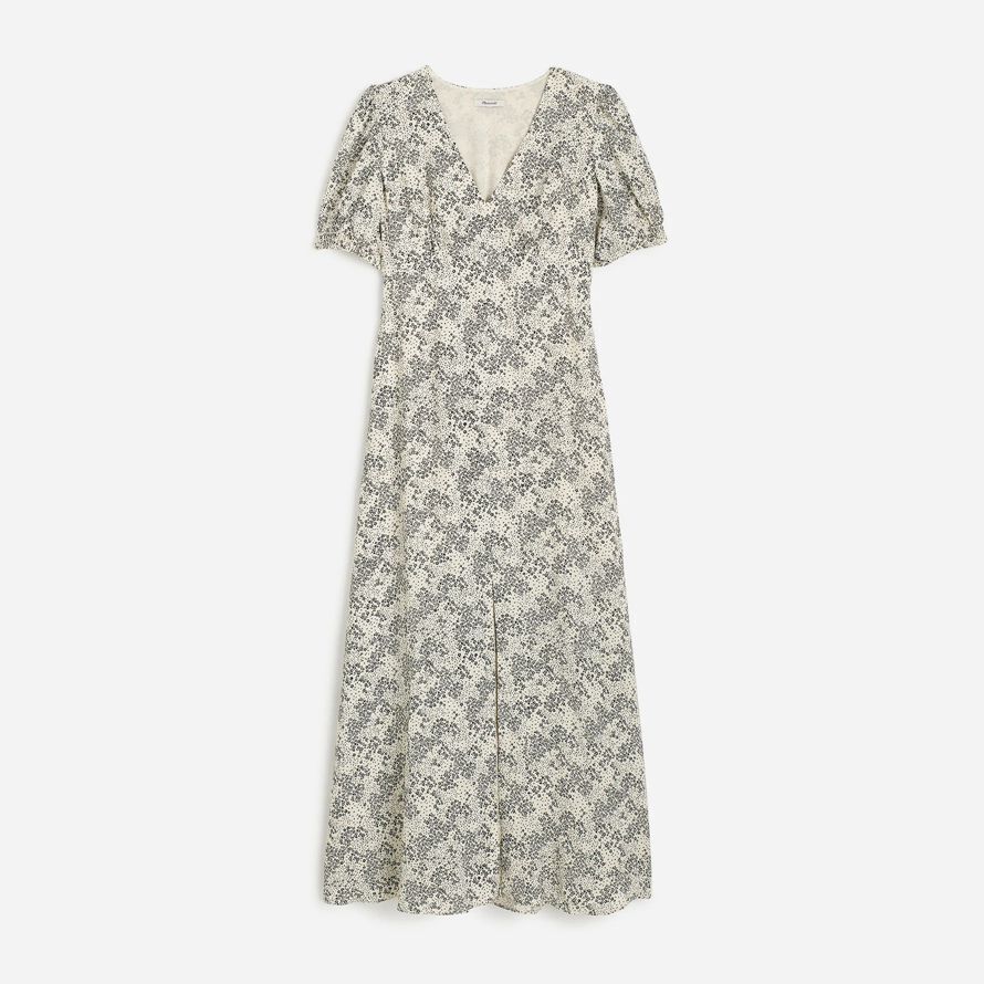 damen madewell puff-sleeve v-neck midi dress-cream black