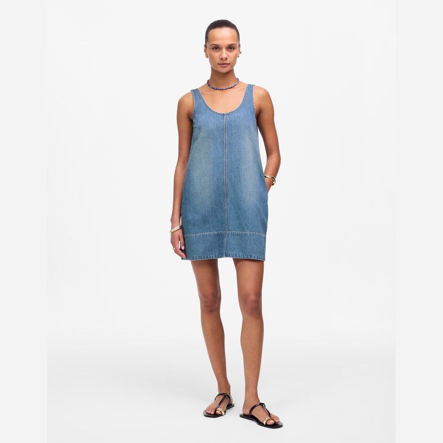blau damen madewell denim scoopneck mini kleid