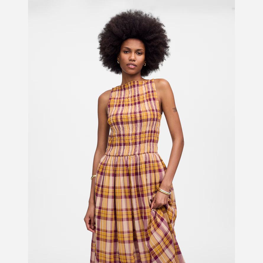 madewell gesmokt boatneck maxi damen kleid gelb pink