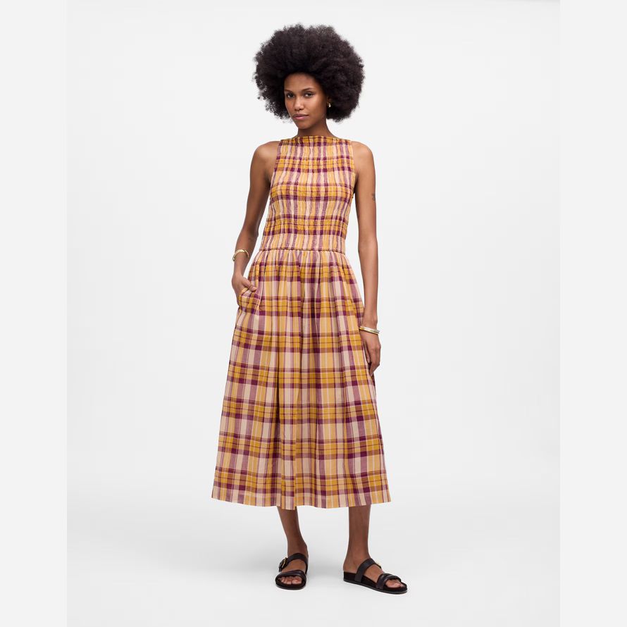 madewell gesmokt boatneck maxi damen kleid gelb pink