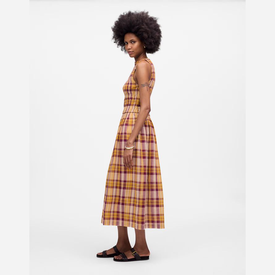 madewell gesmokt boatneck maxi damen kleid gelb pink
