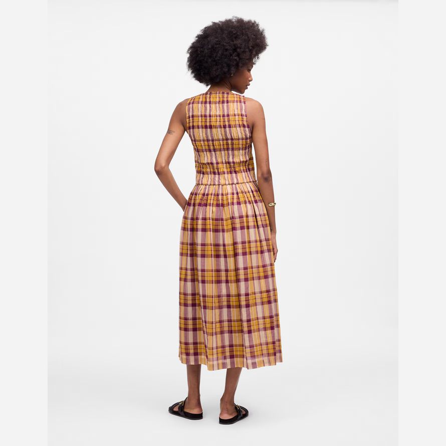 madewell gesmokt boatneck maxi damen kleid gelb pink