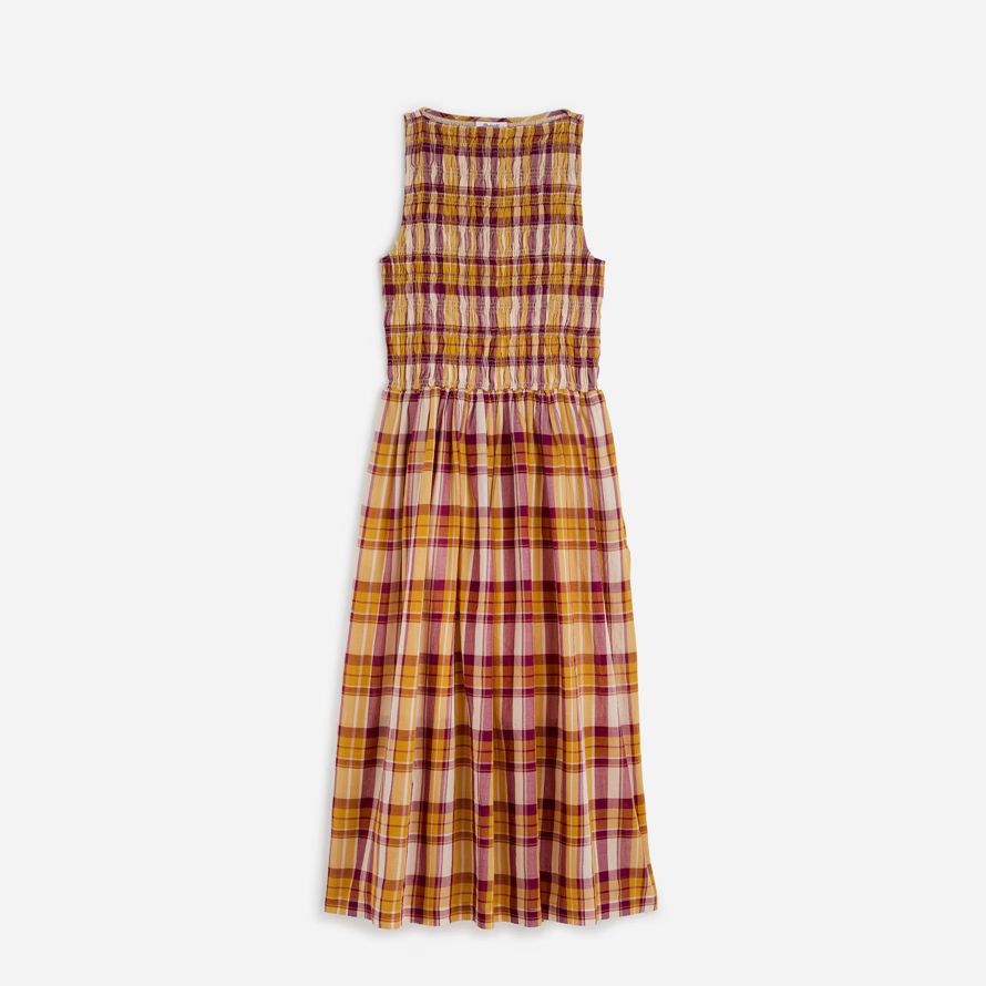 madewell gesmokt boatneck maxi damen kleid gelb pink