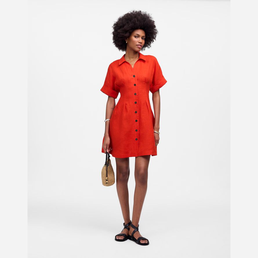 damen madewell pleated mini shirt kleid rot