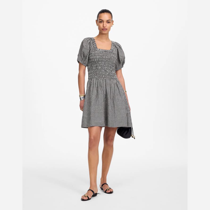 damen madewell gesmokt u-ausschnitt mini kleid schwarz weiß