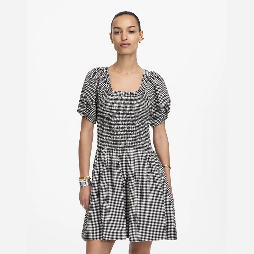 damen madewell gesmokt u-ausschnitt mini kleid schwarz weiß