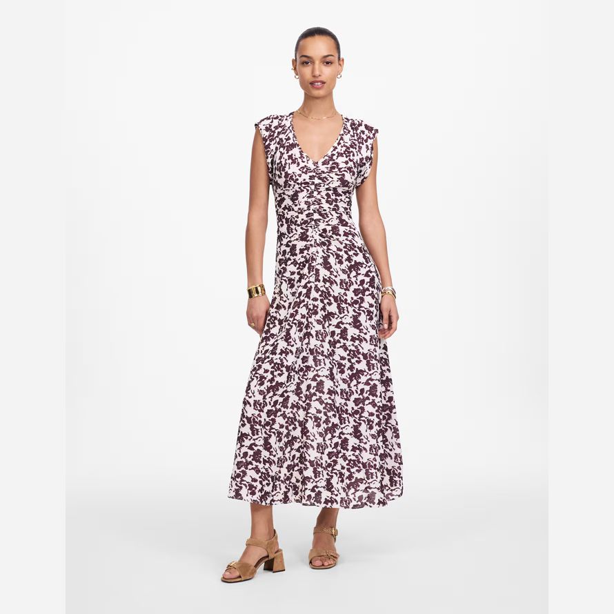 madewell rüschen flattern Ärmel midi-kleid womens beige chocolate