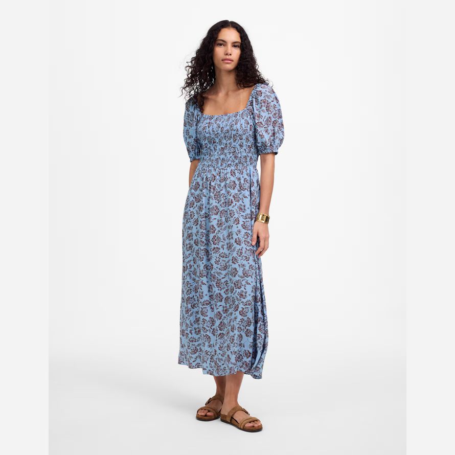 damen madewell gesmokt puff-sleeve dress blue dark brown