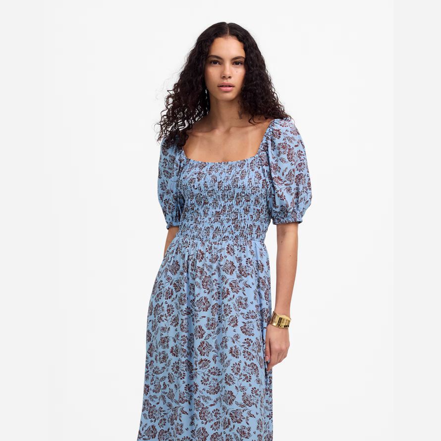 damen madewell gesmokt puff-sleeve dress blue dark brown