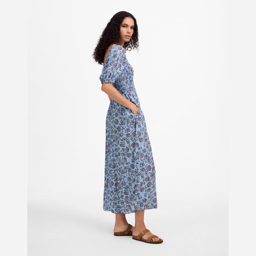damen madewell gesmokt puff-sleeve dress blue dark brown