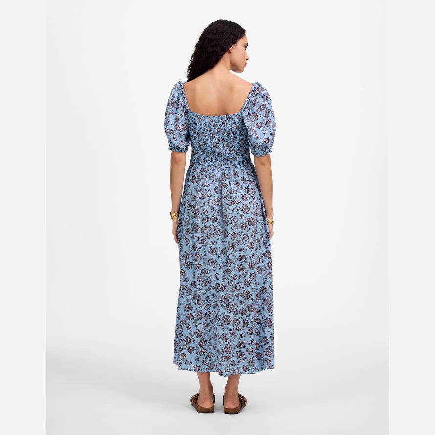 damen madewell gesmokt puff-sleeve dress blue dark brown