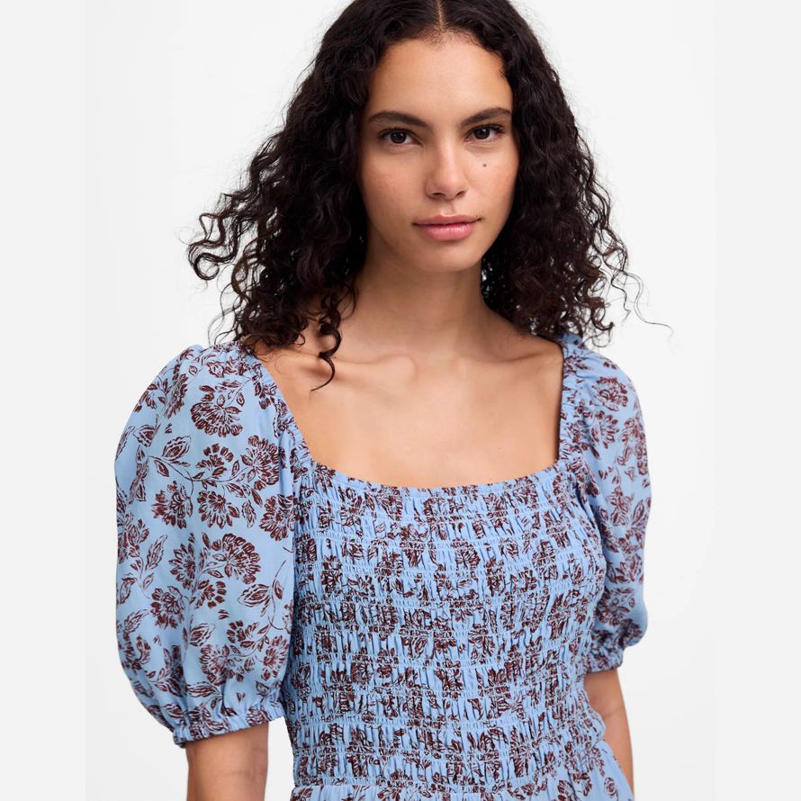 damen madewell gesmokt puff-sleeve dress blue dark brown