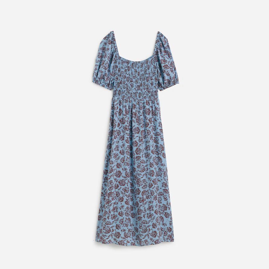damen madewell gesmokt puff-sleeve dress blue dark brown