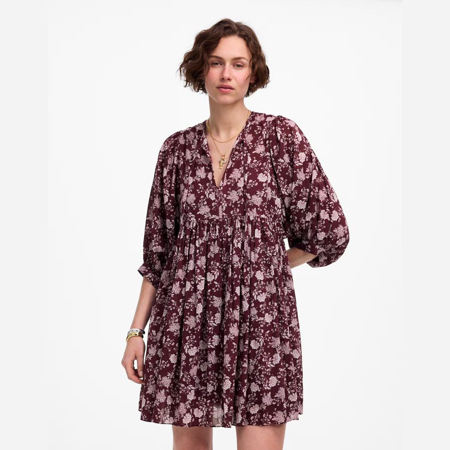 dark red pink madewell splitneck puff-Ärmel-frauen kleid