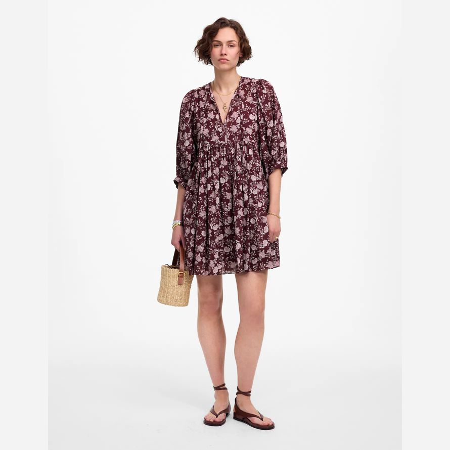 dark red pink madewell splitneck puff-Ärmel-frauen kleid