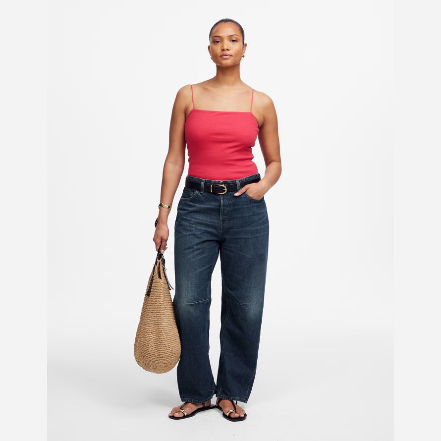 madewell dem curvy schossen barrel-leg womens jeans-dark blue