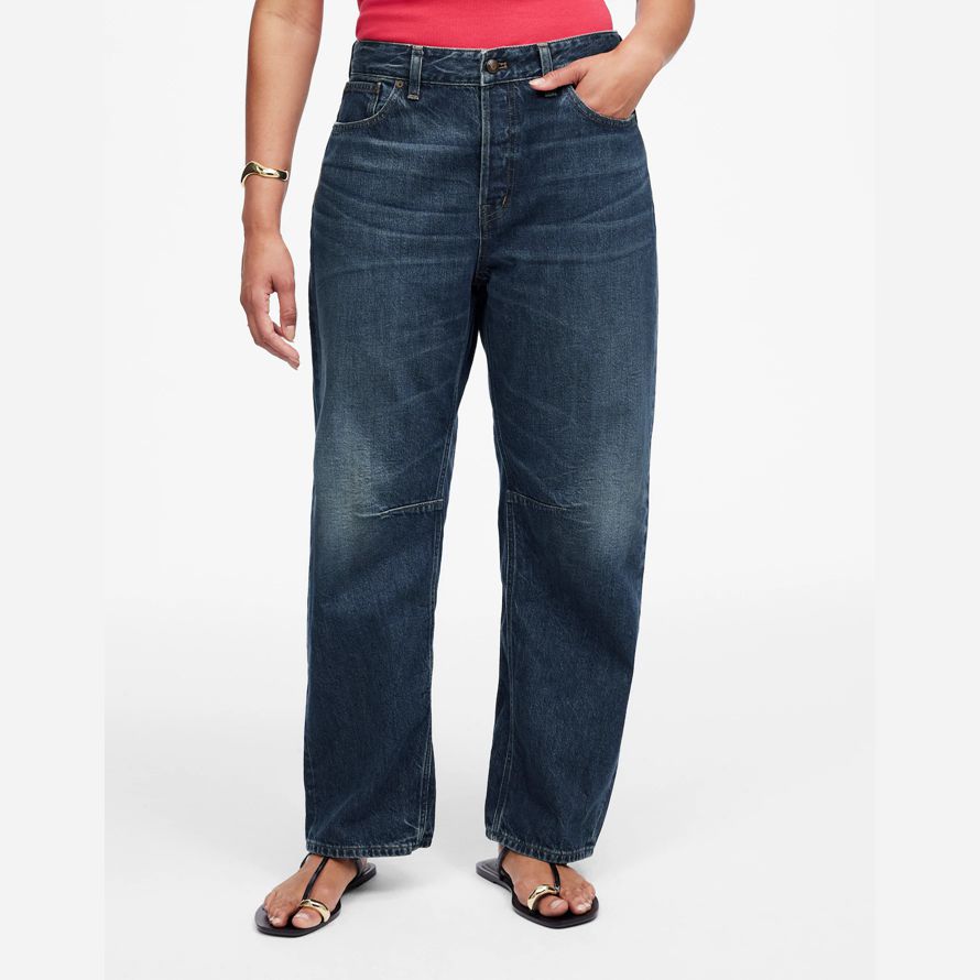madewell dem curvy schossen barrel-leg womens jeans-dark blue