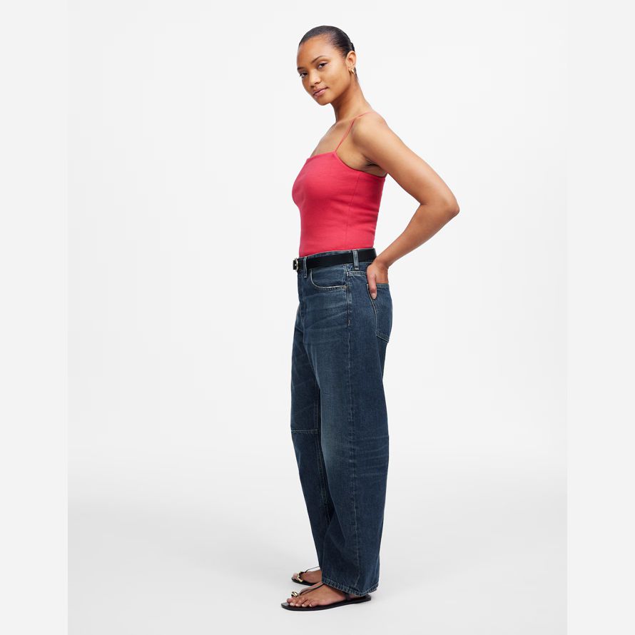 madewell dem curvy schossen barrel-leg womens jeans-dark blue