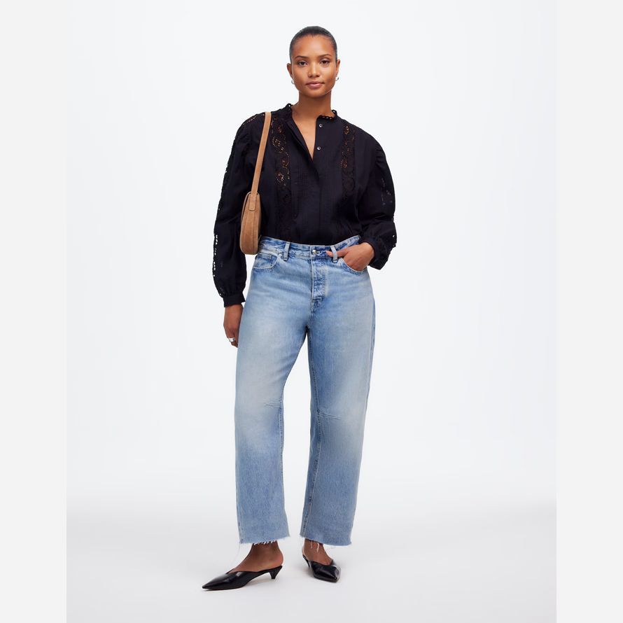 light blue madewell dem curvy schossen barrel-leg womens jeans