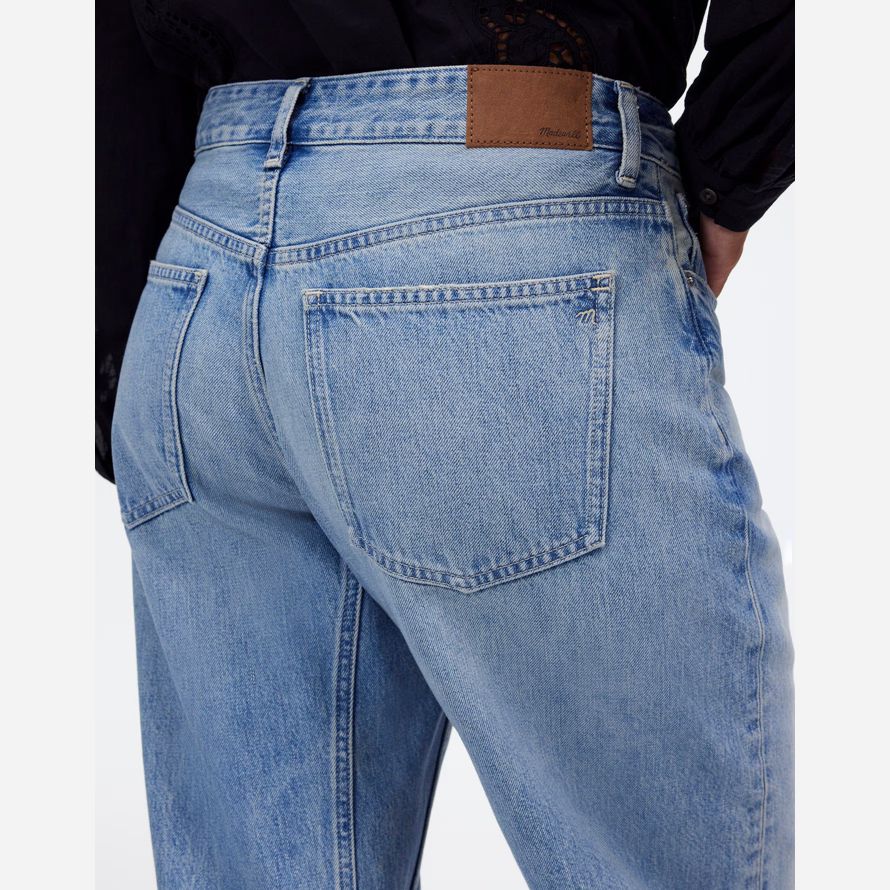 light blue madewell dem curvy schossen barrel-leg womens jeans
