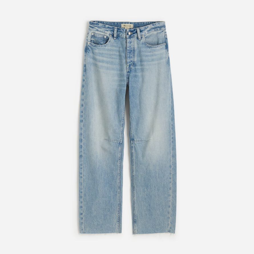 light blue madewell dem curvy schossen barrel-leg womens jeans