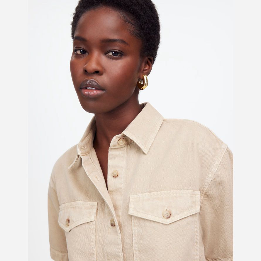 khaki madewell boxy-crop button-up womens t-shirts