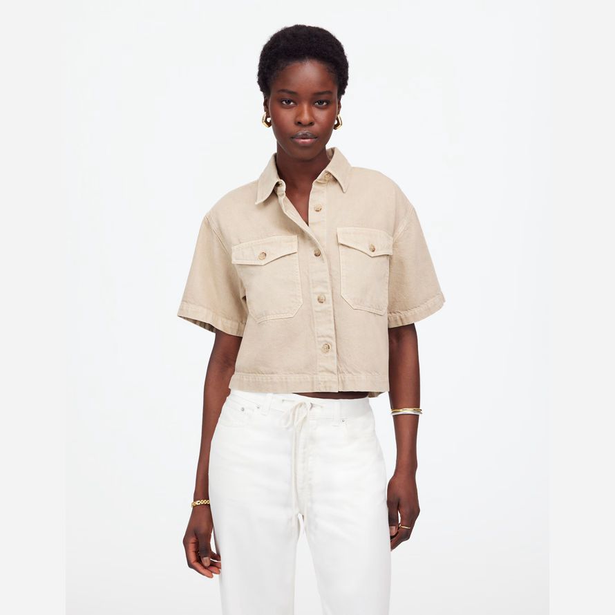 khaki madewell boxy-crop button-up womens t-shirts