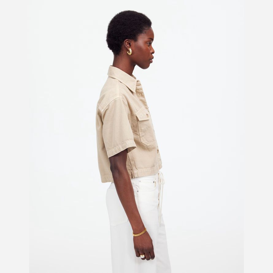 khaki madewell boxy-crop button-up womens t-shirts