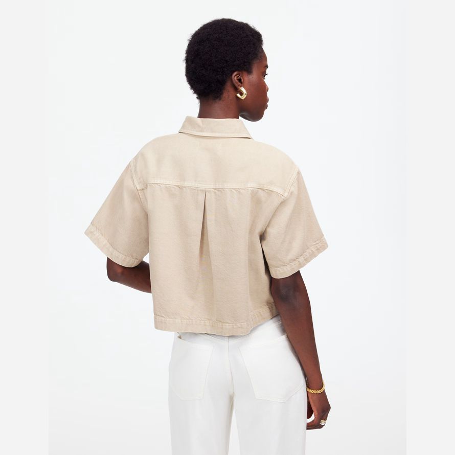 khaki madewell boxy-crop button-up womens t-shirts