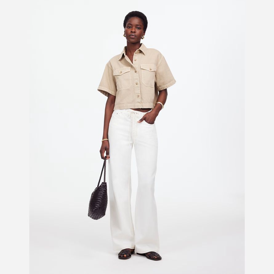 khaki madewell boxy-crop button-up womens t-shirts