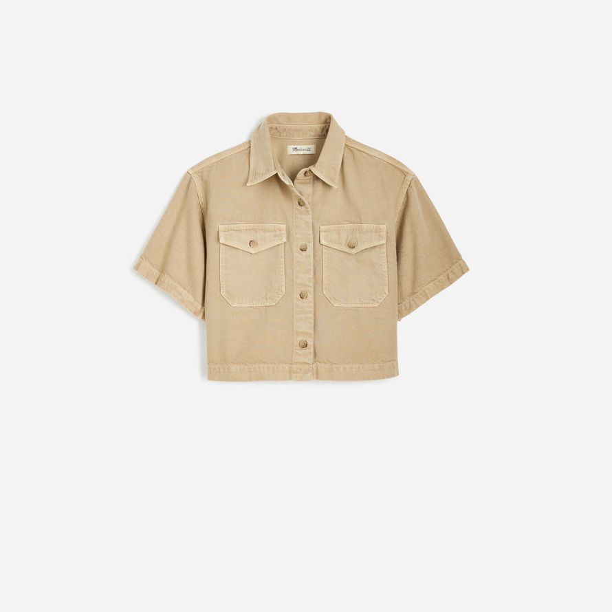 khaki madewell boxy-crop button-up womens t-shirts