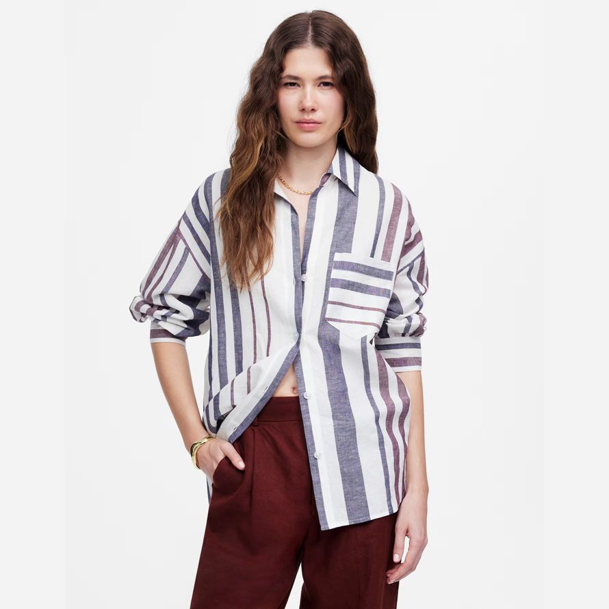 madewell geraffte knopf-up-leinen-baumwolle damen t-shirts weiss navy