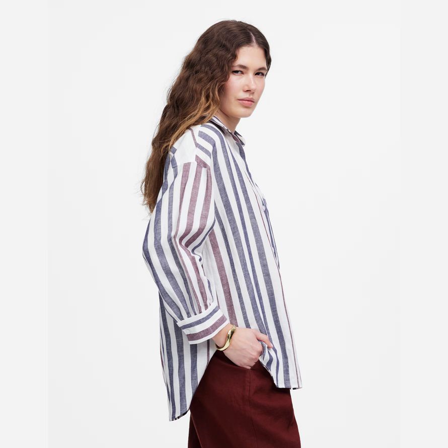 madewell geraffte knopf-up-leinen-baumwolle damen t-shirts weiss navy