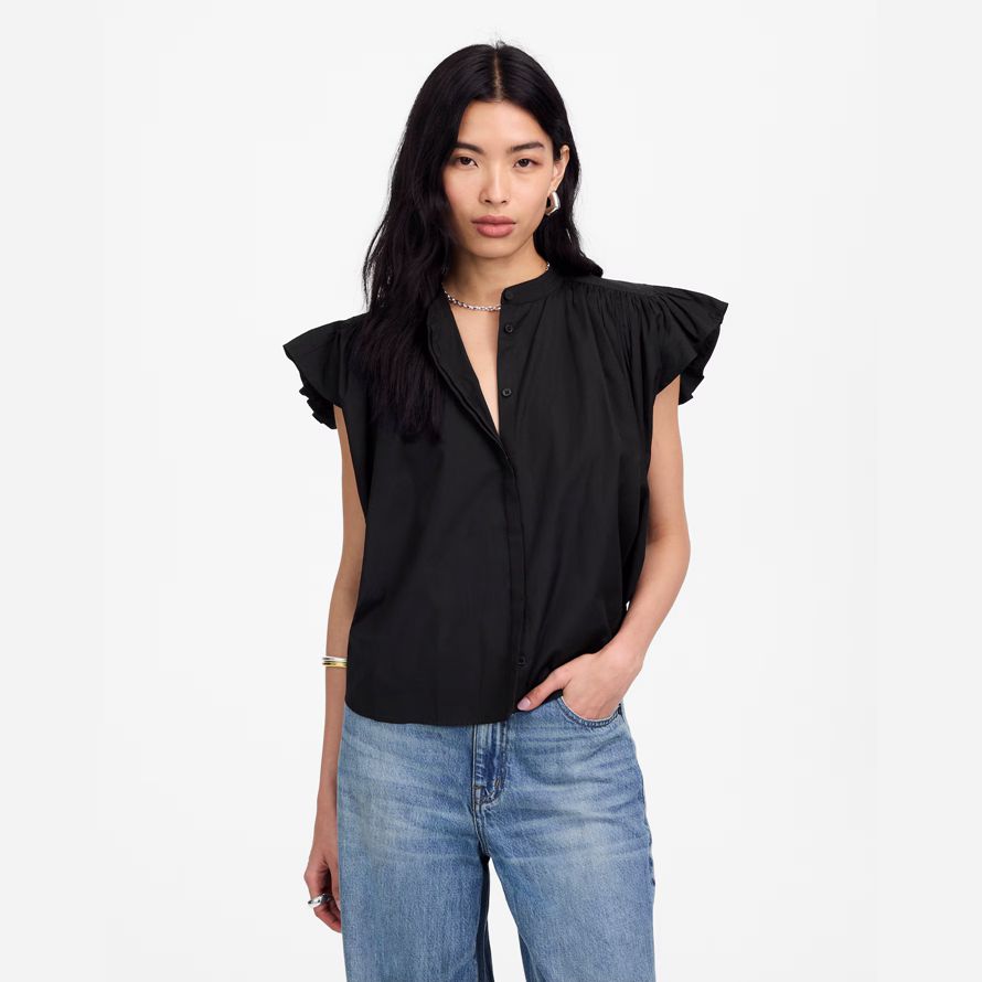 schwarz madewell popeline geraffte knopf-up-womens t-shirts