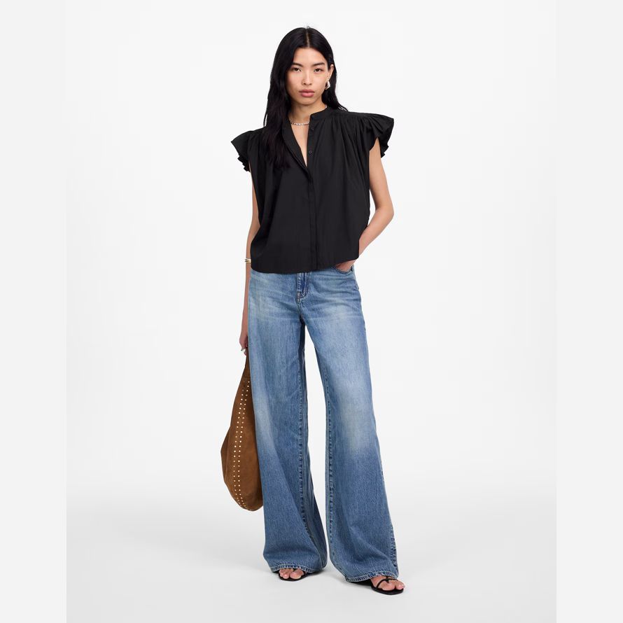schwarz madewell popeline geraffte knopf-up-womens t-shirts