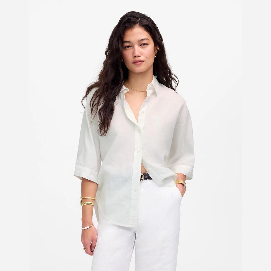 weiß damen madewell oversized pleated-sleeve button-up shirts