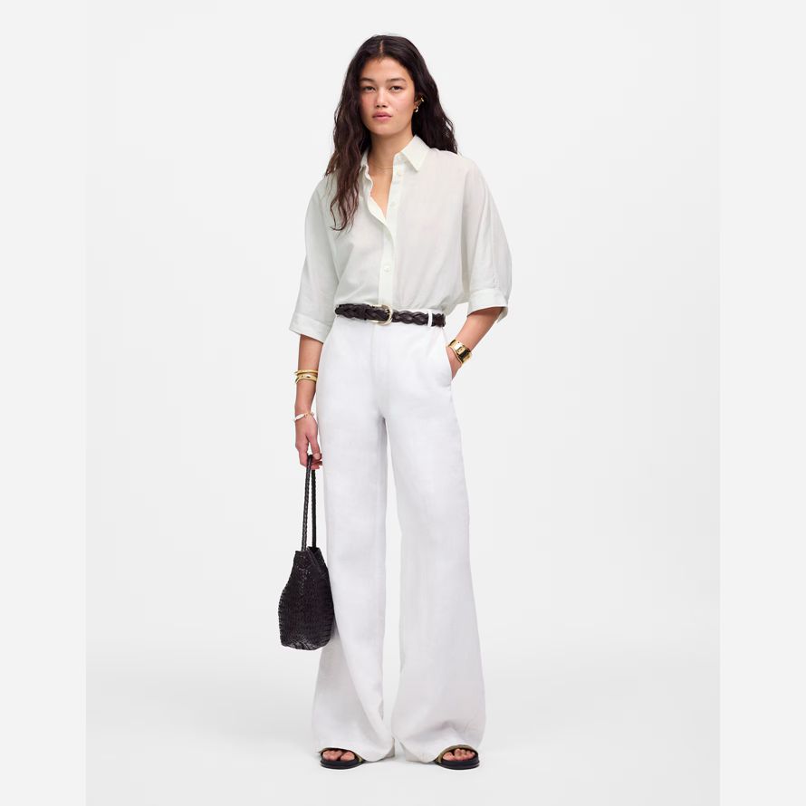 weiß damen madewell oversized pleated-sleeve button-up shirts