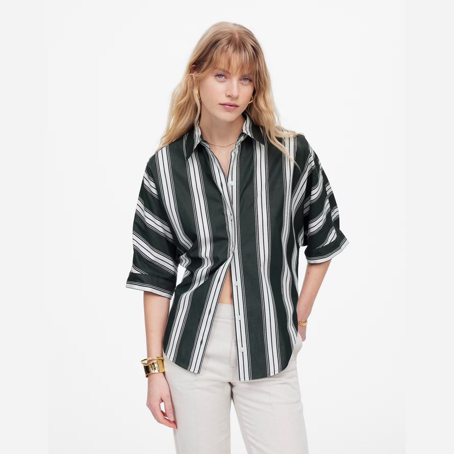 dark green white madewell oversized pleated-sleeve button-up womens t-shirts