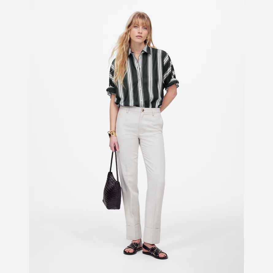 dark green white madewell oversized pleated-sleeve button-up womens t-shirts